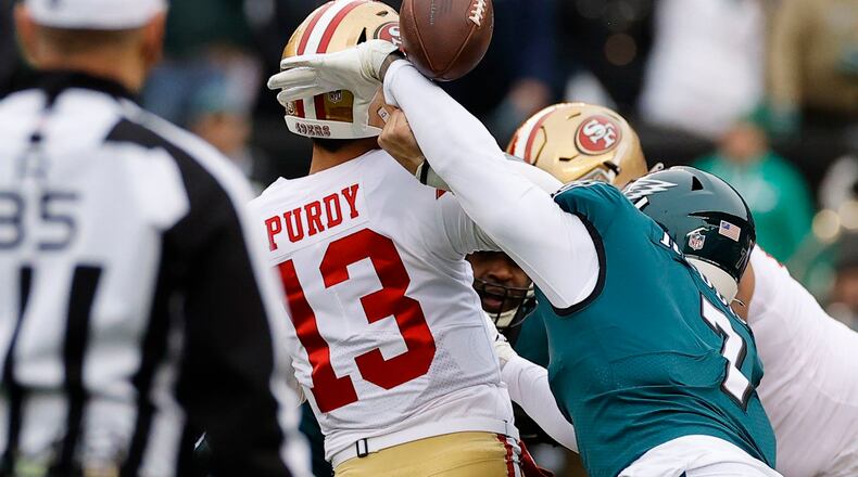 San Francisco 49ers quarterback Brock Purdy was hurt after Philadelphia Eagles linebacker Haason Reddick forced a fumble during the first quarter at Lincoln Financial Field on Sunday, Jan. 29, 2023, in Philadelphia. (Yong Kim/The Philadelphia Inquirer/TNS)