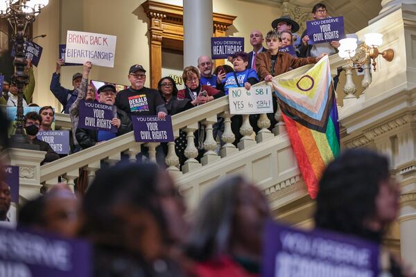 Crowds gather on the South steps of the Georgia Capitol on Thursday during a press conference held by Democratic lawmakers to lay out priorities on Crossover Day. Natrice Miller/AJC