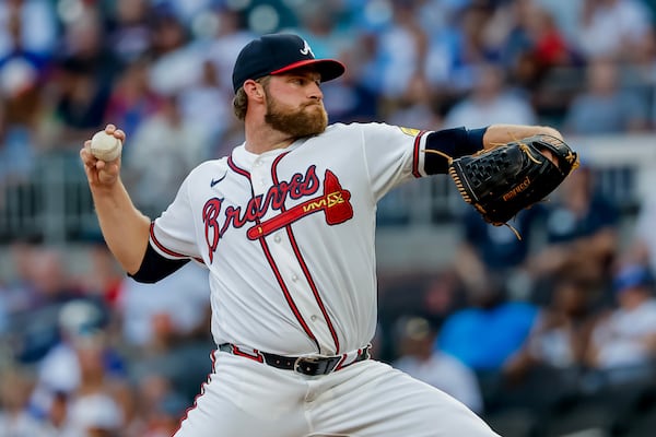 Braves pitcher Bryce Elder delivers to a Dodgers batter on Tuesday, Aug. 25, 2026, in Atlanta. Although he didn’t have his best night, Elder battled to complete six innings. (Erik S. Lesser/AP)