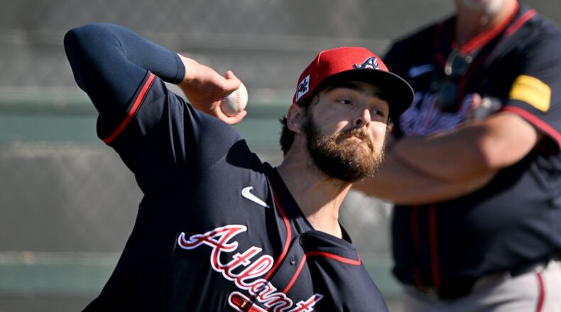 Atlanta Braves pitcher Ian Anderson throws a ball during spring training workouts at CoolToday Park, Monday, February 17, 2025, North Port, Florida. (Hyosub Shin / AJC)
