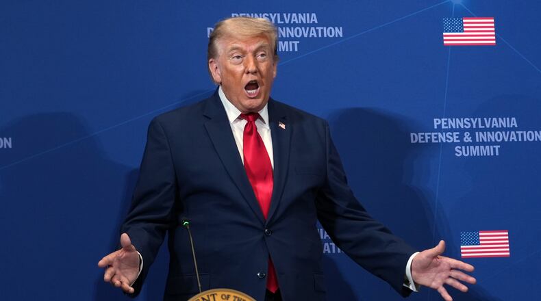 President Donald Trump speaks at the United States Army War College in Carlisle, Pa., during the Pennsylvania Defense and Innovation Summit, Wednesday, July 15, 2026. (AP Photo/Julia Demaree Nikhinson)