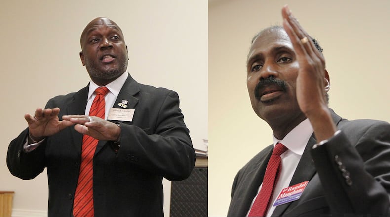 Voters will choose between Greg Adams, left, and Randal Mangham in a Dec. 6 runoff for DeKalb County Commission Super District 7.