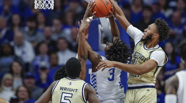 LEXINGTON, KY - DECEMBER 14: James Banks III #1 of the Georgia Tech Yellow Jackets blocks the shot of c #3 of the Kentucky Wildcats during the first half at Rupp Arena on December 14, 2019 in Lexington, Kentucky. (Photo by Michael Hickey/Getty Images)