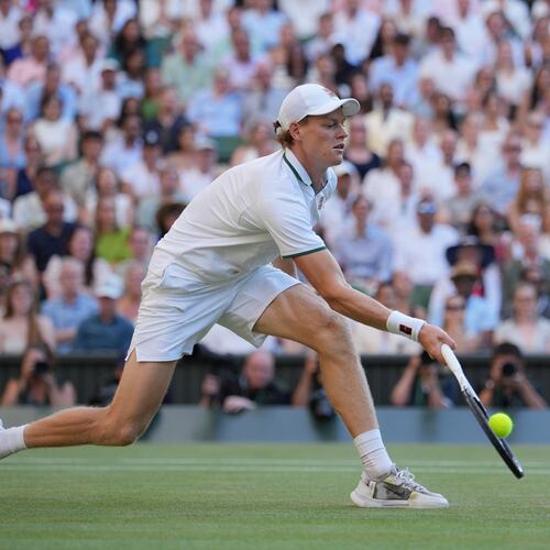 Jannik Sinner of Italy plays a return to Alexander Zverev of Germany during the men's singles final at Wimbledon Tennis Championships in London, Sunday, July 12, 2026. (AP Photo/Kin Cheung)