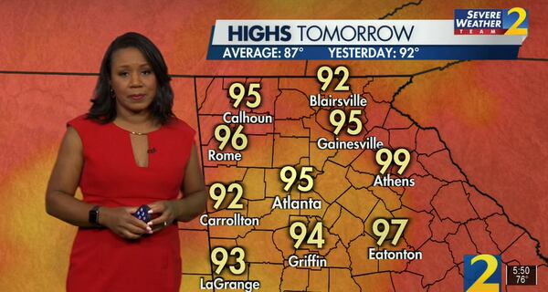 Tuesday should get even warmer with a projected high of 95 in Atlanta, despite a greater chance of a shower or storm, according to Channel 2 Action News meteorologist Eboni Deon.