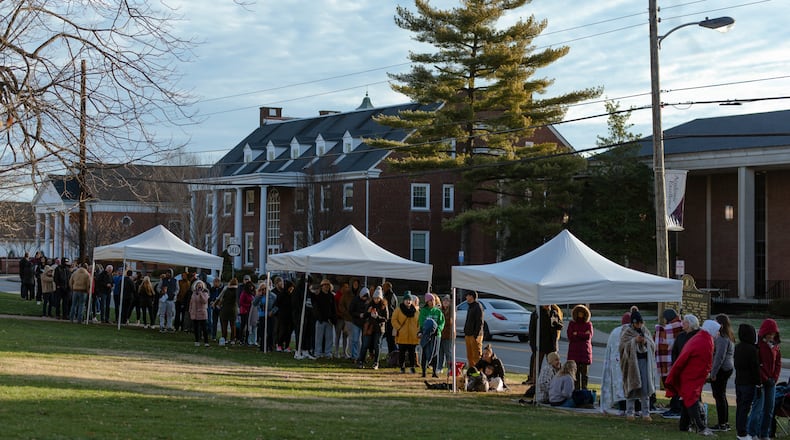 A line of people waiting to enter Hughes Chapel on the campus of Asbury University in Wilmore, Ky., on Feb. 19, 2023. The school said around 50,000 people from around the country had descended on the chapel in the last two weeks. (Jesse Barber/The New York Times)