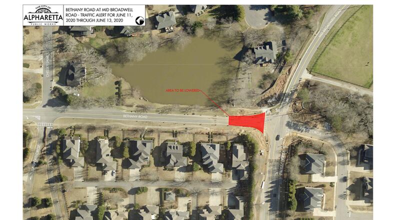 Map depicts where Bethany Road in Alpharetta will be reduced to one lane in each direction as crews lower the roadway as part of the Bethany-Mid Broadwell Road roundabout project. CITY OF ALPHARETTA