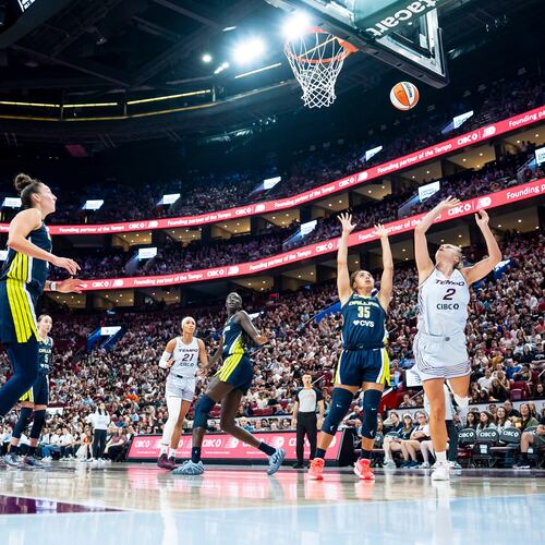 Toronto Tempo's Laura Juskaite (2 ) shoots on the Dallas Wings during first half of a WNBA basketball game, in Montreal on Friday, July 10, 2026. (Christopher Katsarov/The Canadian Press via AP)