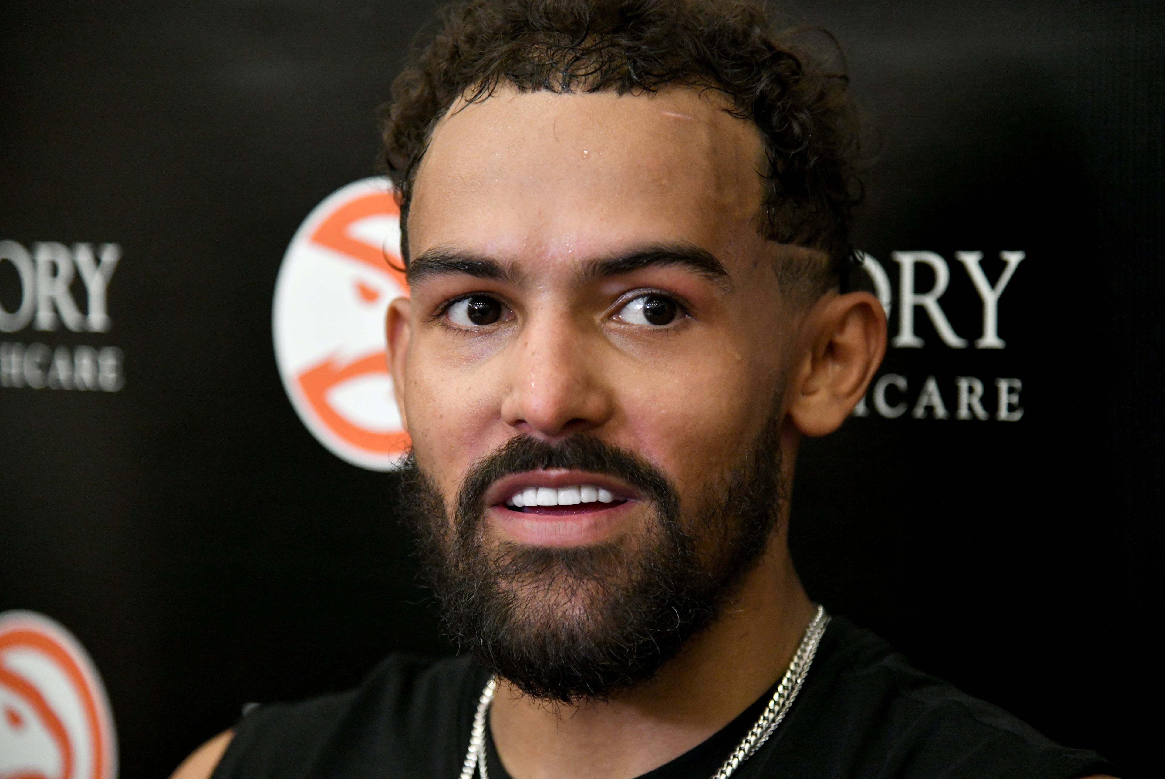 Hawks guard Trae Young answers questions from the media during the first day of training camp at the team’s practice facility on Tuesday, Sept. 30, 2025, in Brookhaven. (Hyosub Shin/AJC)