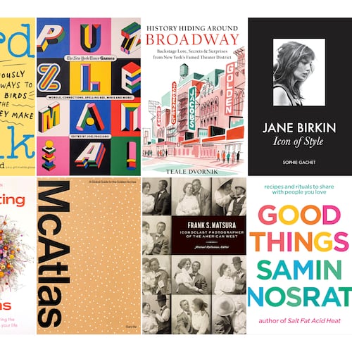 This image shows book covers, top row from left, "Chappell Roan: The Rise of a Midwest Princess," "Bird Talk" by Becca Rowland, “Puzzle Mania!” by The New York Times Games and Joel Fagliano, "History Hiding Around Broadway" by Teale Dvornik, "Jane Birkin: Icon of Style" by Sophie Gachet, bottom row from left, "Gilded Age Christmas Cookbook" by Becky Libourel Diamond, "Everlasting Blooms" by Layla Robinson, "McAtlas," by Gary He, "Frank S. Matsura: Iconoclast Photographer of the American West," and "Good Things" by Samin Nosrat. (Hearst Home/Storey Publishing/Authors Equity/Running Press/Abrams Books/Globe Pequot Publishing/Hachette Mobius/Gary He/Princeton Architectural Press-Chronicle/Random House via AP)