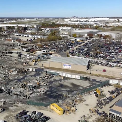 FILE - This photo provided by the National Transportation Safety Board shows UPS plane crash scene on Nov. 6, 2025 in Louisville, Ky. (NTSB via AP)