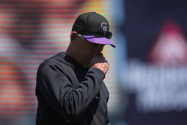 Colorado Rockies manager Bud Black walks toward the dugout after making a pitching change during the fifth inning of a baseball game against the San Francisco Giants in San Francisco, Sunday, May 4, 2025. (AP Photo/Jeff Chiu)