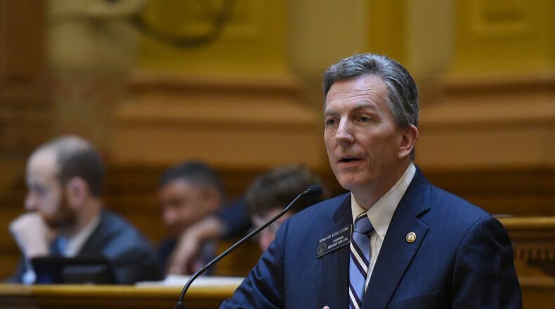 March 11, 2016 Atlanta - Senator Jesse Stone speaks during the debate on HB 859, which would legalize firearms on all public colleges in Georgia, at the Georgia State Capitol on Friday, March 11, 2016. The Georgia Senate on Friday gave final passage to a bill that for the first time would legalize firearms on all public colleges in Georgia, following an emotional two-hour floor debate over the wisdom of letting students carry concealed guns on campus. HYOSUB SHIN / HSHIN@AJC.COM