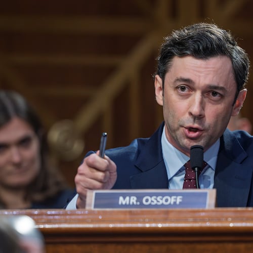Sen. Jon Ossoff, D-Ga., questions Jay Clayton, President Donald Trump's pick to head the nation's intelligence agencies, as he appears for his confirmation hearing before the Senate Intelligence Committee, at the Capitol in Washington, Wednesday, July 15, 2026. (AP Photo/J. Scott Applewhite)