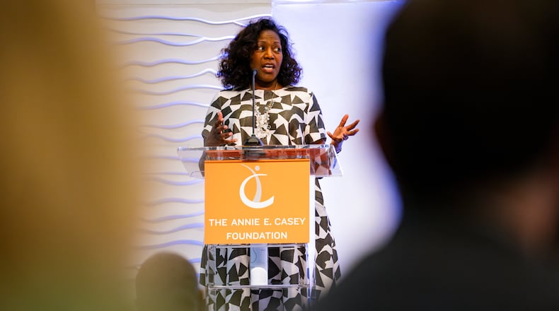 Lisa Hamilton, President of the Annie E. Casey Foundation, speaks at the launching of the organization's 2024 Changing the Odds Report on Thursday, May 2, 2024 at the Loudermilk Center. The event looks at the persistent racial inequality in Atlanta and proposes solutions. (Olivia Bowdoin for the AJC).