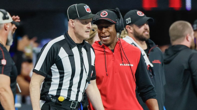 Falcons head coach Raheem Morris argues with a referee during the second half of an NFL football game against the Los Angeles Chargers on Sunday, December 1, 2024, at Mercedes-Benz Stadium in Atlanta. 
(Miguel Martinez/ AJC)