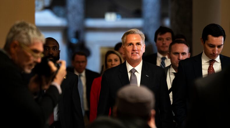 House Speaker Kevin McCarthy, R-Calif., at the U.S. Capitol in Washington on Sept. 30, 2023. McCarthy, who for weeks resisted partnering with Democrats, needed their support to pass a measure that would keep the federal government temporarily open. (Haiyun Jiang/The New York Times)