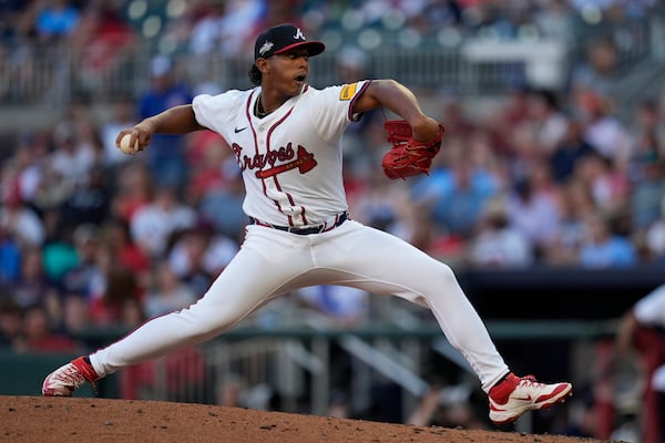Atlanta Braves pitcher Didier Fuentes (75) works in the second inning of a baseball game against the Los Angeles Angels, Wednesday, July 2, 2025, in Atlanta. (AP Photo/Mike Stewart)