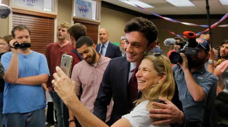 April 17, 2017 - Sandy Springs - Jon Ossoff greets supporters at his Sandy Springs headquarters. Jon Ossoff and Karen Handel campaign on the eve of the election. Democrat Jon Ossoff hopes to pull off an upset victory, gunning for a majority of the vote, a prospect that was unimaginable when he entered the race in January as a little-known investigative filmmaker who once worked for U.S. Rep. Hank Johnson. BOB ANDRES /BANDRES@AJC.COM