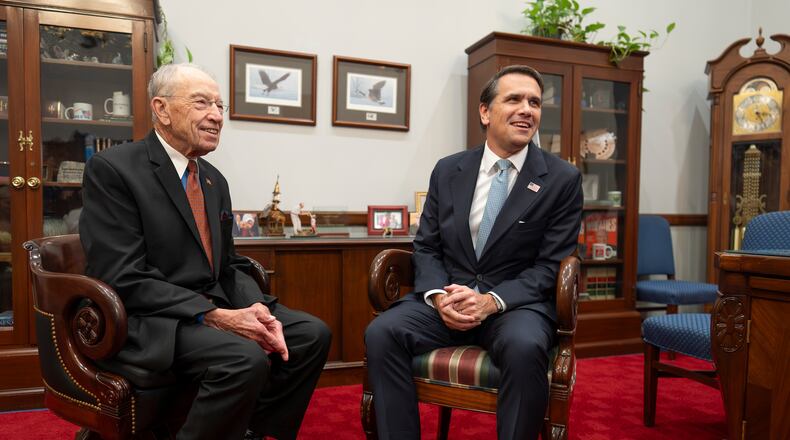 Senate Judiciary Committee Chairman Chuck Grassley, R-Iowa, left, meets with Todd Blanche, President Donald Trump's nominee to be attorney general, at the Capitol in Washington, Monday, June 15, 2026. (AP Photo/J. Scott Applewhite)