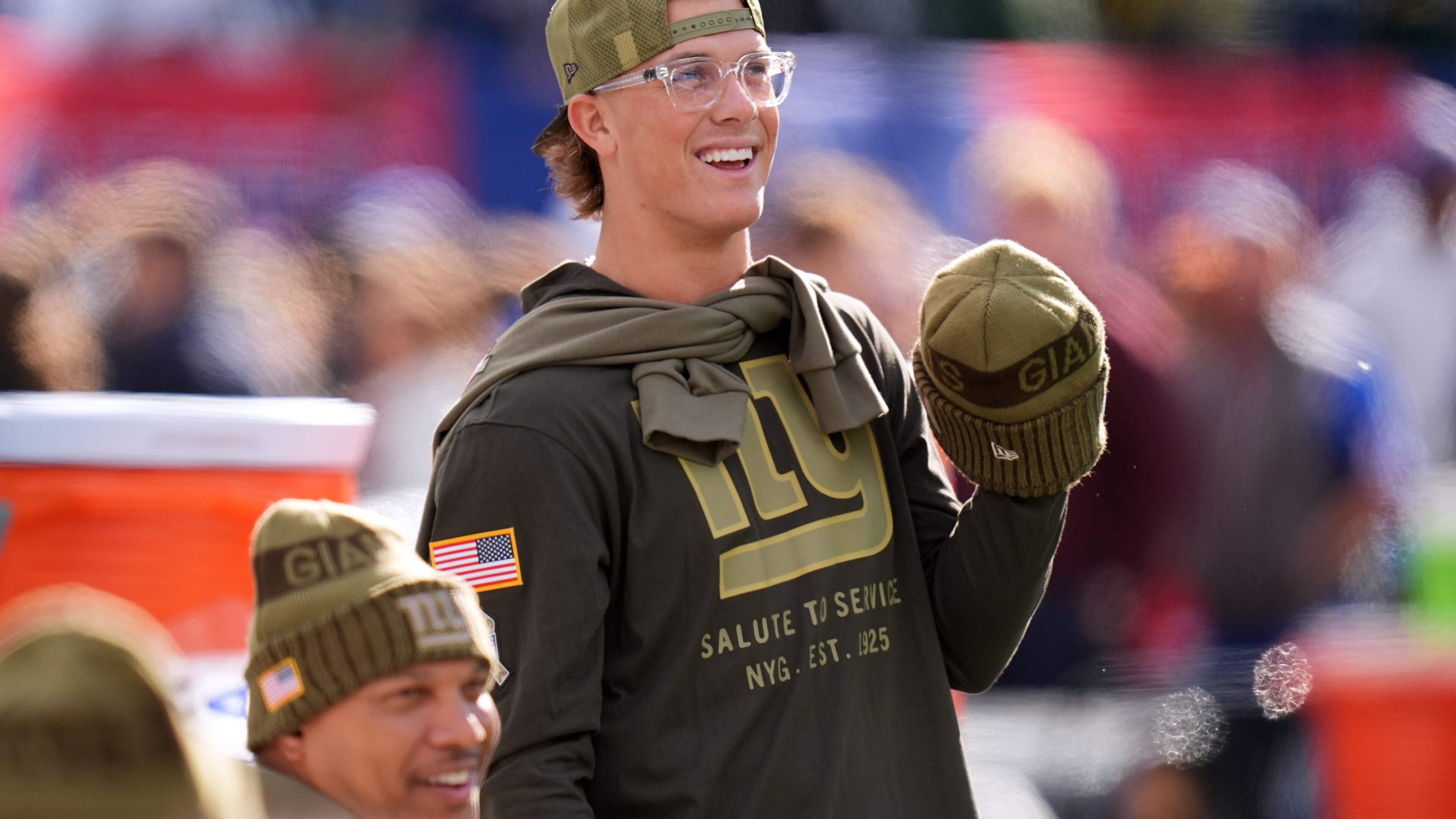 New York Giants' Jaxson Dart is seen before an NFL football game against the Green Bay Packers Sunday, Nov. 16, 2025, in East Rutherford, N.J. (AP Photo/Seth Wenig)
