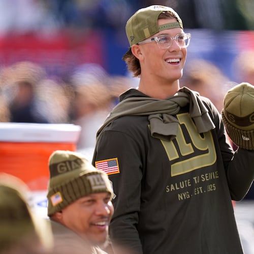 New York Giants' Jaxson Dart is seen before an NFL football game against the Green Bay Packers Sunday, Nov. 16, 2025, in East Rutherford, N.J. (AP Photo/Seth Wenig)