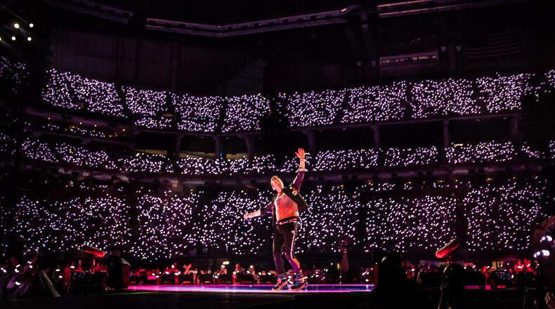 Coldplay wows a packed Mercedes-Benz Stadium on the Music of the Spheres World Tour stop in Atlanta on Saturday night, June 11, 2022. (Ryan Fleisher for The Atlanta Journal-Constitution)