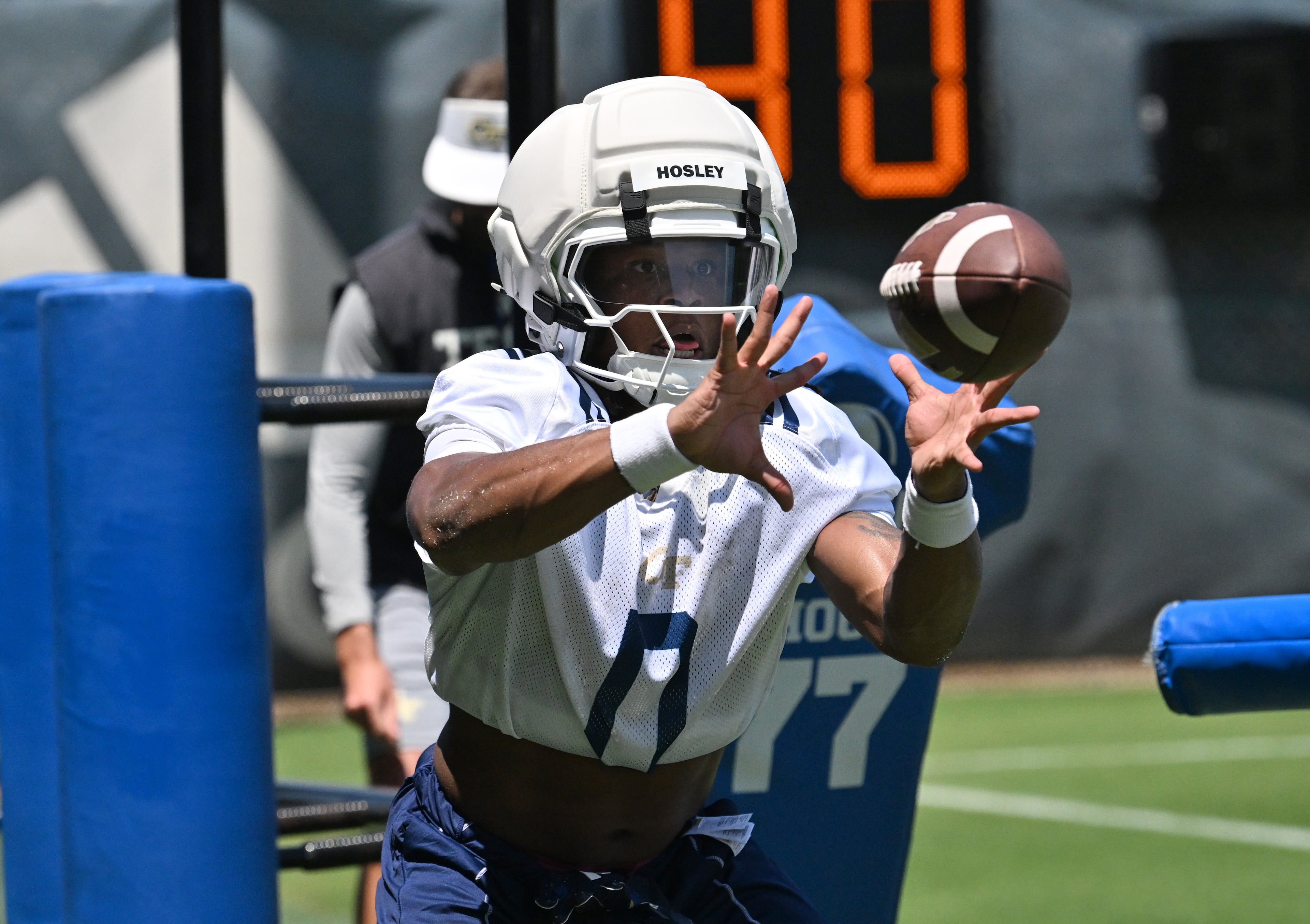 Georgia Tech running back Malachi Hosley (0) participates in a drill during the first day of football practice at Rose Bowl Field and the Mary and John Brock Football Practice Facility, Tuesday, July 29, 2025, in Atlanta. (Hyosub Shin / AJC)
