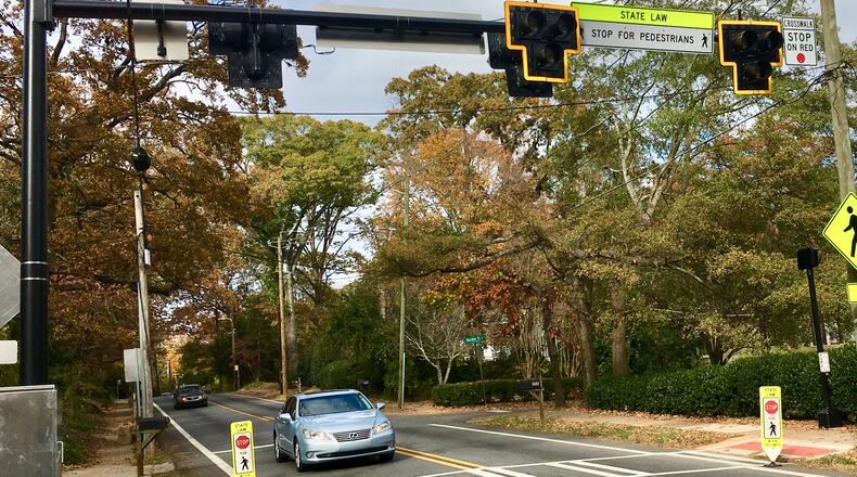 Decatur’s new pedestrian hybrid beacon on South Candler Street near East Davis Street. Bill Banks for the AJC