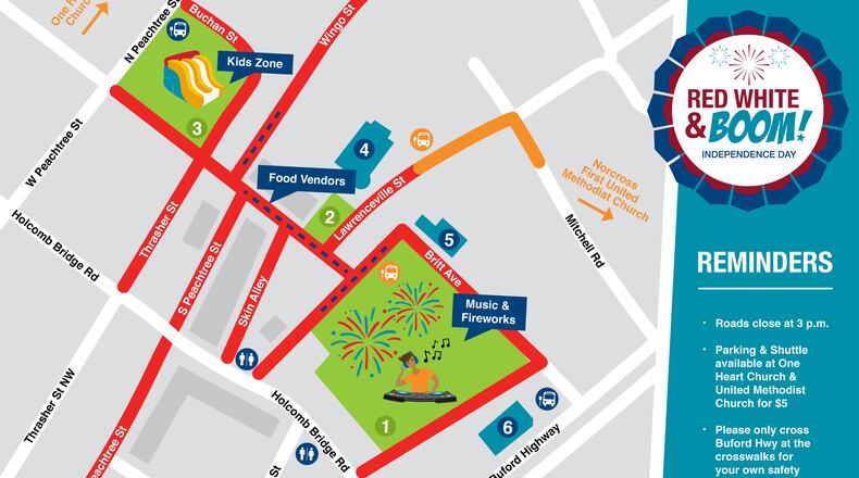 Norcross streets close at 3 p.m. July 3 for the city's Red, White & Boom event. (Courtesy City of Norcross)