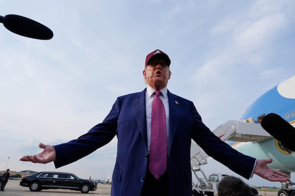 President Donald Trump speaks to reporters after arriving on Air Force One, Tuesday, June 10, 2025, at Joint Base Andrews, Md. (AP Photo/Alex Brandon)