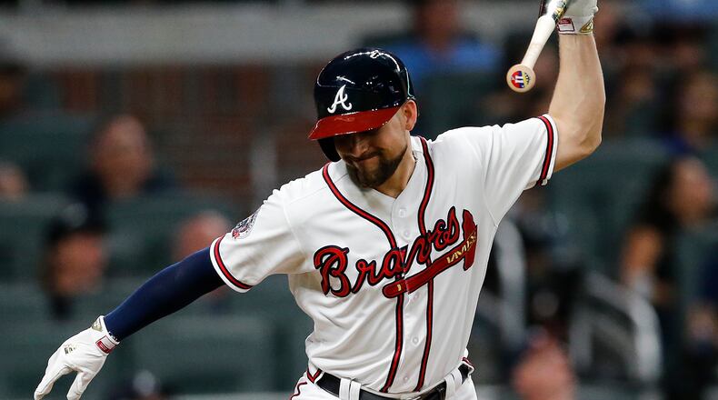 Braves’ Ender Inciarte (11) throws his bat after popping out during the third inning of the team’s baseball game against the Chicago Cubs on Tuesday, July 18, 2017, in Atlanta. (AP Photo/John Bazemore)