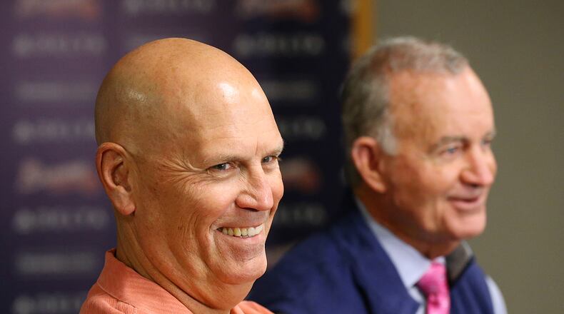 October 03, 2016 Atlanta:  Braves Interim Manager Brian Snitker smiles while sharing a laugh with President of Baseball Operations John Hart while discussing the 2016 season and the process of selecting a manager for the 2017 season on Monday, Oct. 3, 2016, in Atlanta. Snitker is a candidate for the job and said he would remain with the team if selected or not.   Curtis Compton /ccompton@ajc.com