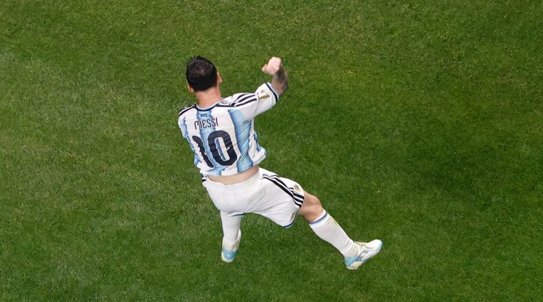 Argentina's Lionel Messi celebrates after scoring his side's second goal during the World Cup round of 16 soccer match between Argentina and Egypt in Atlanta, Tuesday, July 7, 2026. (AP Photo/Butch Dill)