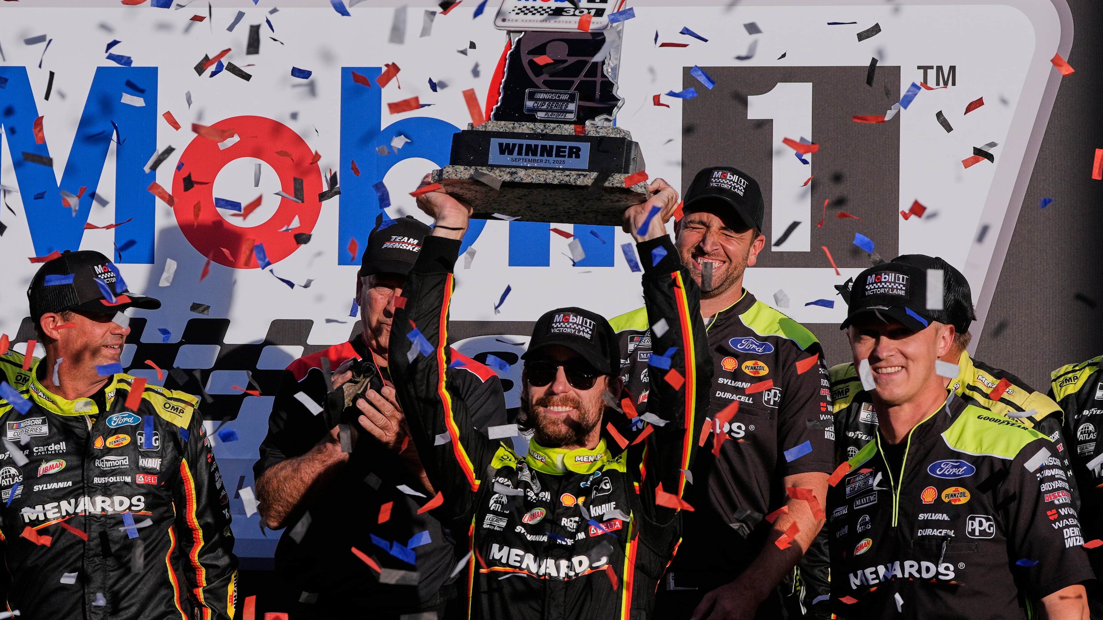 Ryan Blaney celebrates after winning a NASCAR Cup Series race at New Hampshire Motor Speedway, Sunday, Sept. 21, 2025, in Loudon, N.H. (AP Photo/Charles Krupa)