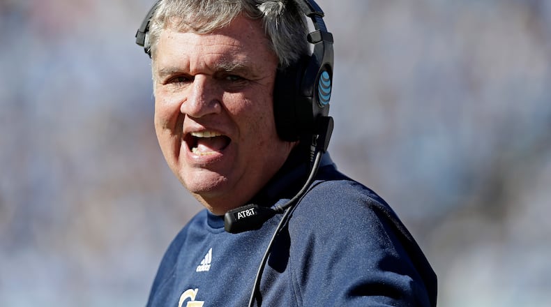 Georgia Tech head coach Paul Johnson yells during the first half of an NCAA college football game against North Carolina in Chapel Hill, N.C., Saturday, Nov. 3, 2018. (AP Photo/Gerry Broome)