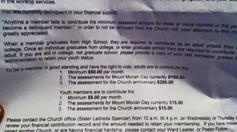 “To be a member in good standing and have the right to vote, adults are to contribute the: minimum $50.00 per month, assessments for Mount Moriah Day currently $150.00, assessment for the Church anniversary $250.00.” (Credit: Facebook)