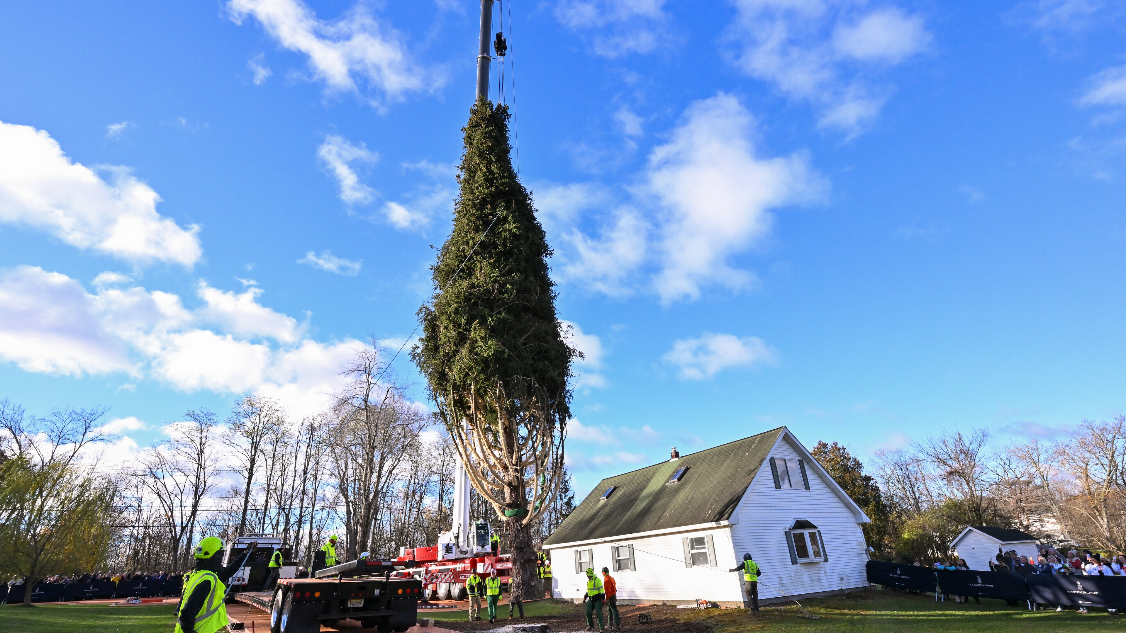 IMAGE DISTRIBUTED TISHMAN SPEYER - Workers prepare to crane a wrapped 75-foot tall, 11-ton Norway Spruce, that will serve as this year's Rockefeller Center Christmas Tree, onto a flatbed truck, Thursday, Nov. 6, 2025, in East Greenbush, NY. The wrapped tree will be brought into New York City by flatbed truck and raised into place at Rockefeller Center on Saturday, Nov. 8. (Diane Bondareff/AP Content Services for Tishman Speyer)