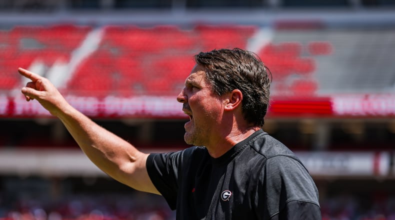 Georgia co-defensive coordinator Will Muschamp during a preseason scrimmage on Dooley Field at Sanford Stadium in Athens, Ga., on Saturday, Aug. 13, 2022. (Photo by Tony Walsh)