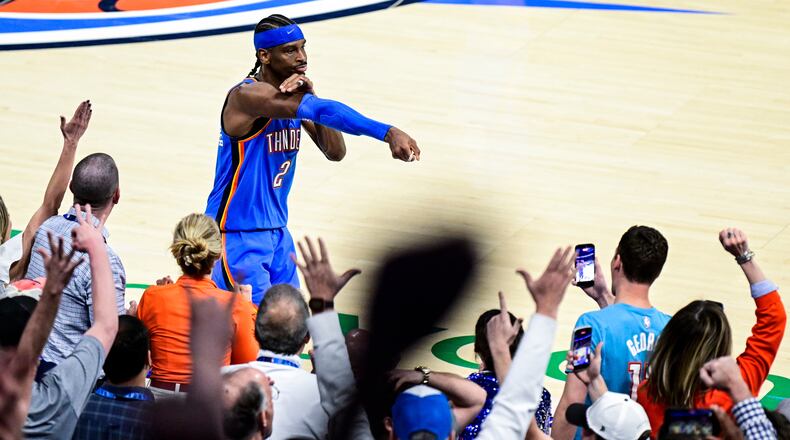 Oklahoma City Thunder guard Shai Gilgeous-Alexander (2) gestures during the second half of an NBA basketball game against the Denver Nuggets Monday, March 9, 2026, in Oklahoma City. (AP Photo/Gerald Leong)