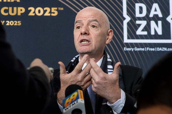 FILE - FIFA President Gianni Infantino speaks to the media at a welcoming event for the 2025 FIFA Club World Cup soccer tournament, April 10, 2025, in Philadelphia. (AP Photo/Chris Szagola, file)