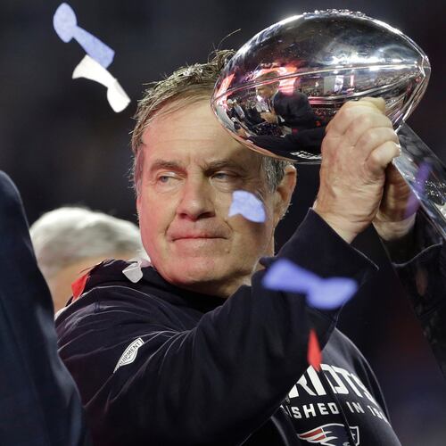 FILE - New England Patriots head coach Bill Belichick holds up the Vince Lombardi Trophy as he celebrates after the Patriots defeated the Seattle Seahawks 28-24 in NFL Super Bowl XLIX football game Sunday, Feb. 1, 2015, in Glendale, Ariz. (AP Photo/Patrick Semansky, File)