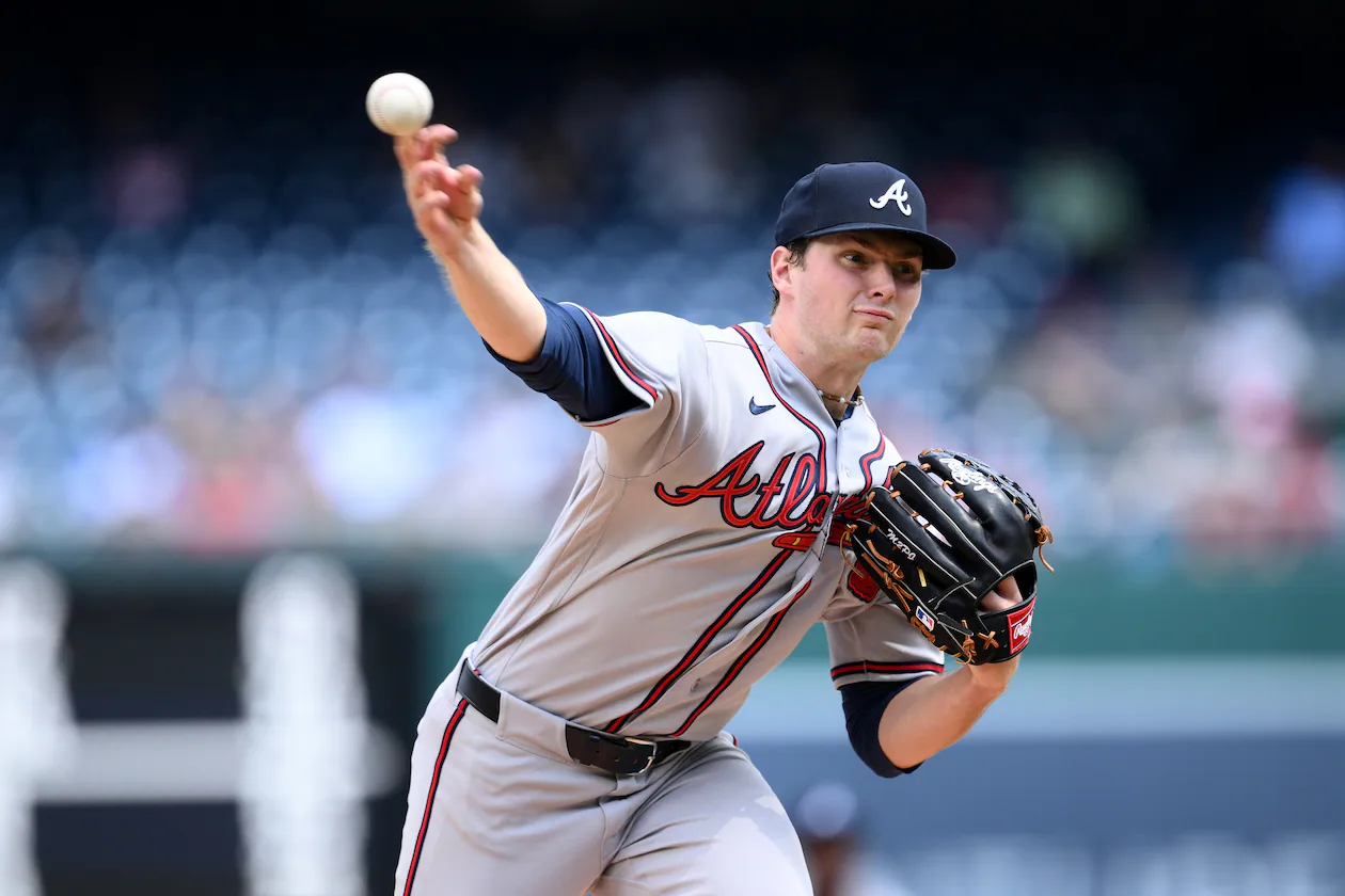 Braves starting pitcher JR Ritchie throws during the first inning against the Nationals on Thursday, April 23, 2026, in Washington. In his first major league start, Ritchie allowed a home run on his first pitch, but he settled down to allow two runs and five hits with seven strikeouts and two walks in seven innings. (Nick Wass/AP)