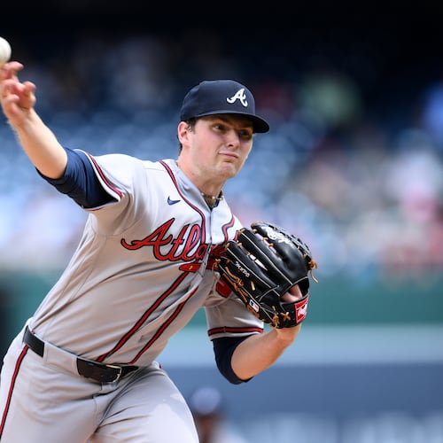 Braves starting pitcher JR Ritchie throws during the first inning against the Nationals on Thursday, April 23, 2026, in Washington. In his first major league start, Ritchie allowed a home run on his first pitch, but he settled down to allow two runs and five hits with seven strikeouts and two walks in seven innings. (Nick Wass/AP)