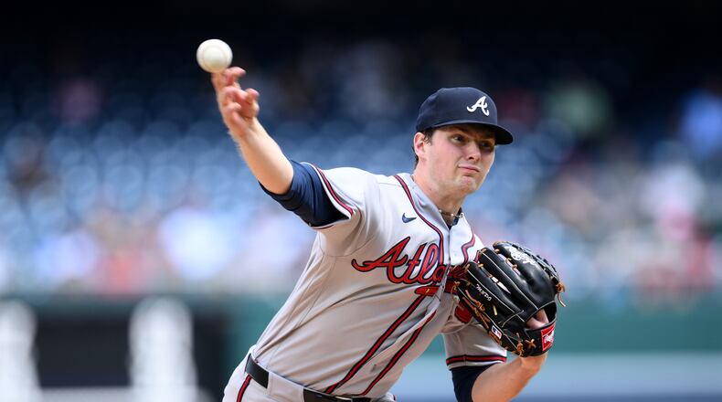 Braves starting pitcher JR Ritchie throws during the first inning against the Nationals on Thursday, April 23, 2026, in Washington. In his first major league start, Ritchie allowed a home run on his first pitch, but he settled down to allow two runs and five hits with seven strikeouts and two walks in seven innings. (Nick Wass/AP)