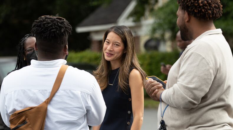 Bee Nguyen, running for Secretary of State of Georgia, talks to supporters before the start of a Stacey Abrams press conference at Israel Baptist Church in Atlanta Tuesday, May 23, 2022. (Steve Schaefer / steve.schaefer@ajc.com)