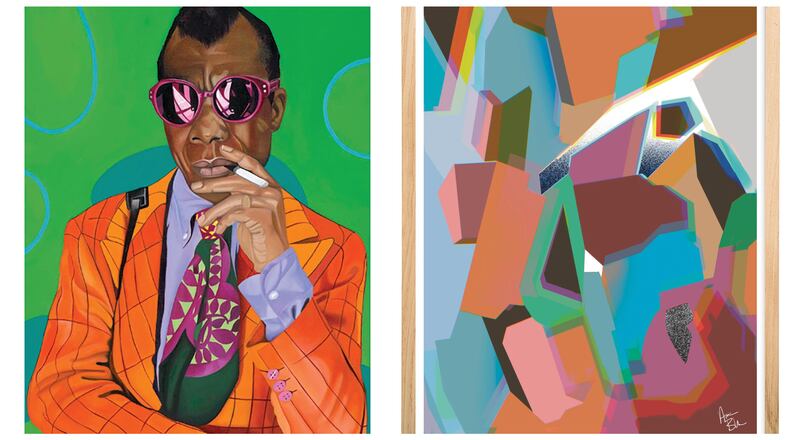 Ingrid "Yuzly" Mathurin portraiture of James Baldwin as “Mr. B” (left) and bold and beautiful artwork by Austin Blue are great gifts for art aficionados.
(Courtesy of Comfiart)