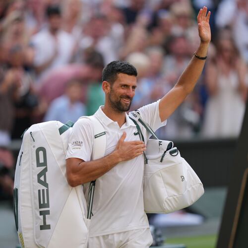 Novak Djokovic of Serbia leaves after losing to Jannik Sinner of Italy in their men's singles semifinal match at the Wimbledon Tennis Championships in London, Friday, July 10, 2026. (AP Photo/Kin Cheung)