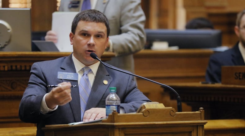 Feb. 24 2017 - Atlanta - Senator Tyler Harper presents SB 160. The senate passed SB 160, the “Back the Badge Act of 2017”, which expands the definition of assault/battery on-duty law enforcement officers, including a new mandatory sentence requirement. It also adds juveniles to the list of those who can be penalized. The 24th day of the Georgia General Assembly. BOB ANDRES /BANDRES@AJC.COM