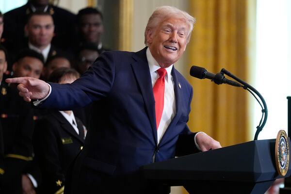 President Donald Trump speaks during the Commander-in-Chief trophy presentation to the Navy Midshipman football team in the East Room of the White House, Tuesday, April 15, 2025, in Washington. (AP Photo/Manuel Balce Ceneta)